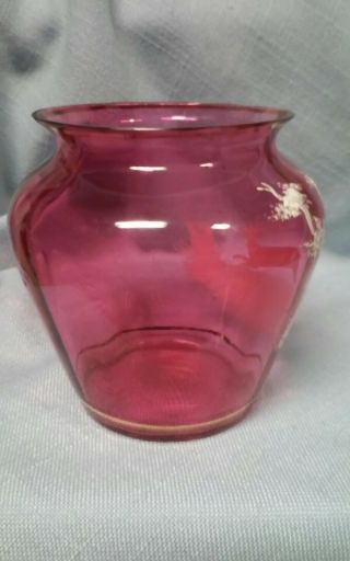 VINTAGE FENTON ART GLASS CRANBERRY MARY GREGORY VASE W/HPAINTED DEER 4