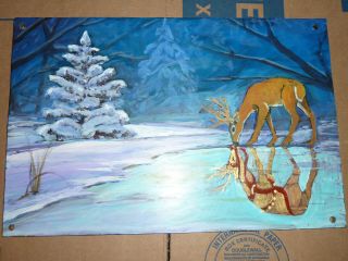 Vintage Hand Painted Christmas Carousel Insert 12x8 Santas Reindeer Reflection