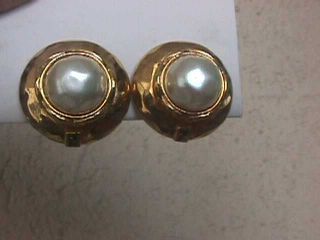 Vintage Authentic Fendi Gold Tone Faux Pearl Clip Earrings