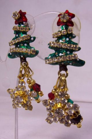 Vintage Lunch At The Ritz Goldplate Crystal Rhinestone Christmas Tree Earrings