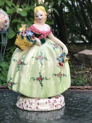 Vintage Italy Porcelain Figurine Lady Girl Ceramic Flowers Basket Capodimonte