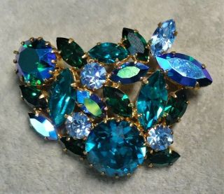 Vintage Gold - Tone Blue & Green Austria Rhinestone Crystal Brooch Pin