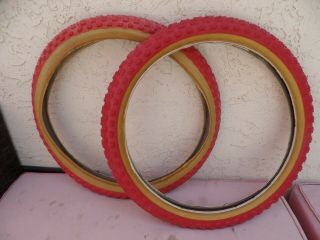 Nos 20 " Bmx Tire Pair,  Red Skinwall,  Union,  7 Stars Vintage Old School Comp Mx