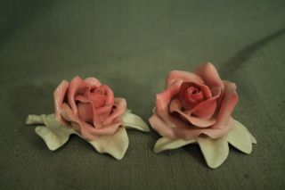 2 Vintage Old Karl Ens Porcelain Rose Table Figurine Rare Pink White Leaves Stem
