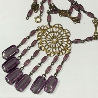 Vintage Art Deco Czech Glass Gold Tone Filigree Pendant Necklace