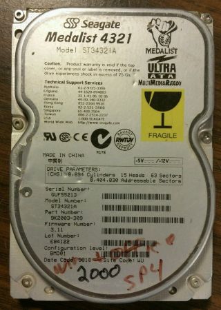 Vintage Hard Drive Disk Seagate Medalist 4.  3gb 4321 St34321a Ide Hdd Win 2000