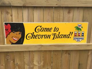 Vtg 1960s Come To Chevron Island Taxi Cab Sign Standard Oil Gas Hawaiian Lady