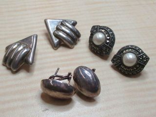 Sterling Silver Jewelry Vintage Style Clip Earrings Faux Pearl Arrow Banded