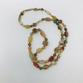 Vintage Polished Tumbled Rock Stone Necklace Agate Jasper Earthy Colors Raw Bead