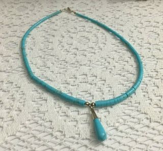 Vintage Santo Domingo Sterling Graduated Turquoise Heishi Necklace With Pendant
