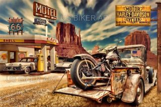 Harley Davidson Knucklehead Motorcycle Vintage Pick Up Route 66 Biker Art Print