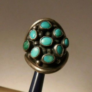 Vintage Old Pawn Navajo Turquoise Cluster Dome Ring Sterling Silver Sz 7 5