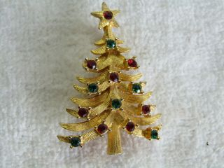 Vintage 1960s Mylu Signed Christmas Tree Brooch W/red - Green Rhinestones