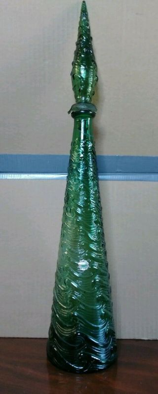 Vtg Empoli Italy Glass Genie Bottle Verde Emerald Green Waves Swirl Decanter 22 "