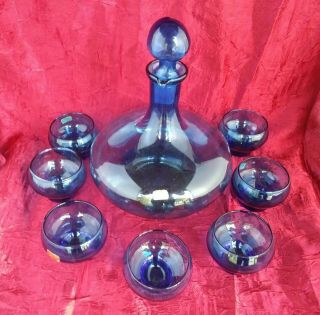 Made In Italy/ Vintage Cobalt Blue Decanter With 7 Glasses.