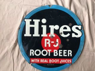 Vintage Hires Root Beer Round Porcelain Target Sign 12  With Real Root Juices "