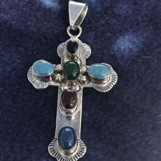 Vtg Sterling Silver Signed Mexico 925 Gemstone Turquoise Lapis Cross Pendant