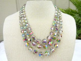 Lovely Vintage Aurora Borealis Crystal 3 Strand Necklace