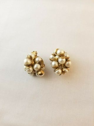 Vintage Simulated Pearl Cluster Gold Clip - On Earrings