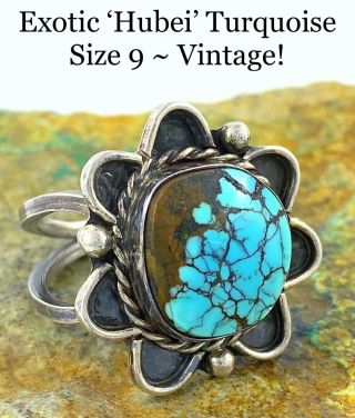 Chunky Vintage Southwestern Sterling Silver Hubei Spiderweb Turquoise Ring Sz 9