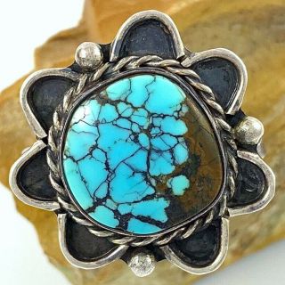 CHUNKY Vintage Southwestern Sterling Silver HUBEI SPIDERWEB Turquoise Ring Sz 9 2