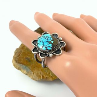 CHUNKY Vintage Southwestern Sterling Silver HUBEI SPIDERWEB Turquoise Ring Sz 9 3