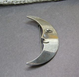 Vintage Sterling Silver Taxco Mexico Crescent Man In The Moon Brooch Pin
