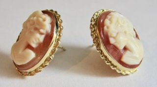 Vintage ZZ 585 14K Yellow Gold Carved Shell Cameo Post Earrings 2.  6G 5