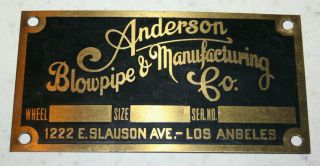 Vintage Anderson Blowpipe Manufacturing Co Brass Nameplate Id Tag Los Angeles Ca