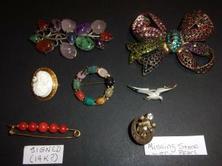 Vintage Jewelry Brooches: Lg.  3 " Rhinestone - Bow Multi - Stones Cameo Gull 14k? - Pin