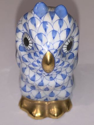 Vintage Herend Miniature Blue Fishnet Owl Figurine Signed