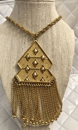 Vintage 1970’s Gold Tone Pendant Necklace Tassel Beads Estate