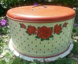 Vintage Red Roses Cake Carrier Taker Server Farmhouse Tin Metal Plate Country