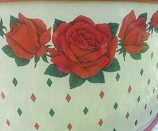Vintage Red Roses Cake carrier Taker server Farmhouse tin metal plate Country 2