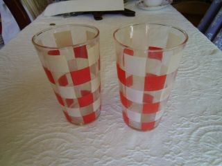 2 Vintage Glass Tumblers Red White Clear Checkered Barware Juice Water Set Of 2