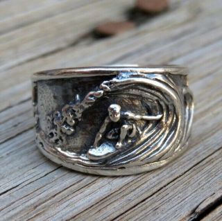 Vintage 950 Silver 3d Surfing Tube Wave Heavy Ring Band Surfboard Surfer