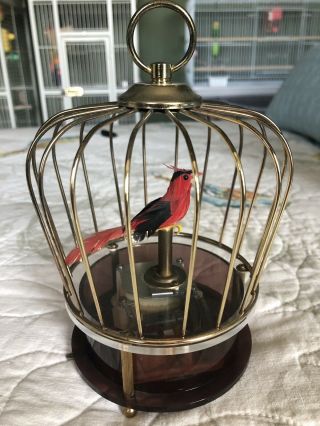 Vintage Musical Singing Bird In Cage With Acrylic Box Wind Up
