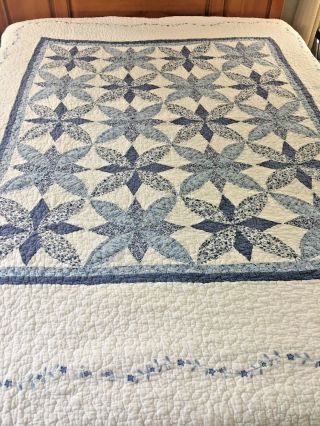 Stunning Vintage Hand Crafted The Four Winds Quilt Blue & White 65 " X 86 "