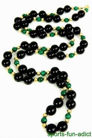 Vintage Black Onyx & Malachite 14k Yellow Gold Handknotted Beaded Necklace Pat