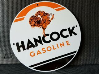 Vintage Hancock Gasoline 11 3/4 " Porcelain Metal Gas Oil Sign Pump Plate Usa