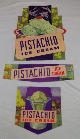 3 1940s Vintage Pistachio Ice Cream Paper Signs