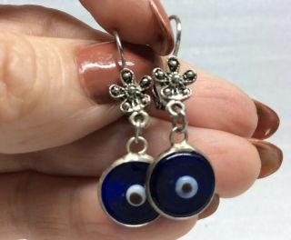 Vintage Handmade Blue Glass Evil Eye Lever Back Earrings
