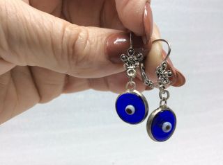 Vintage Handmade Blue Glass Evil Eye Lever Back Earrings 4
