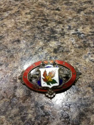Vintage Silver & Guilloche Enamel Canada Maple Leaf Crown / Crest Brooch 1902