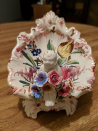 Vintage Italy Ceramic Hand Painted Florals Cherub Shell Bon Bon Candy Soap Dish