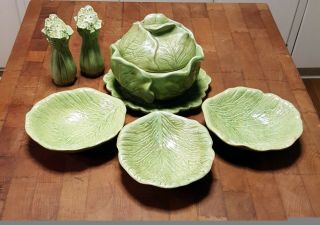 Vintage Cabbage Mold Tureen Bowl W Lid And Underplate,  Salt & Pepper,  & 3 Bowls