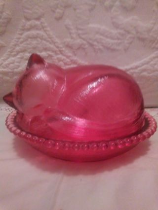 Vintage Indiana Glass Cat On A Nest Candy Dish Cranberry Depression Glasspink
