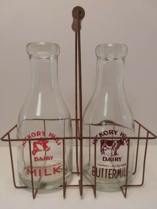 Vintage Hickory Hill Dairy Glass Milk Bottles In Metal Carrier Home Decor
