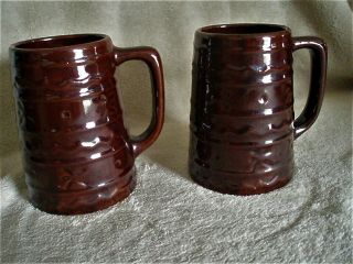 2 Vintage Marcrest Usa.  Brown Stoneware 5 " Mugs.  Daisy & Dot.