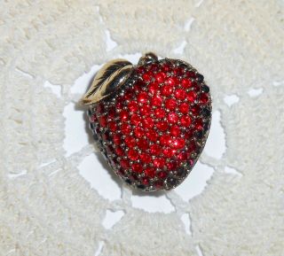 Vintage Monet Signed Red Rhinestone Apple Brooch Pin Gold Tone
